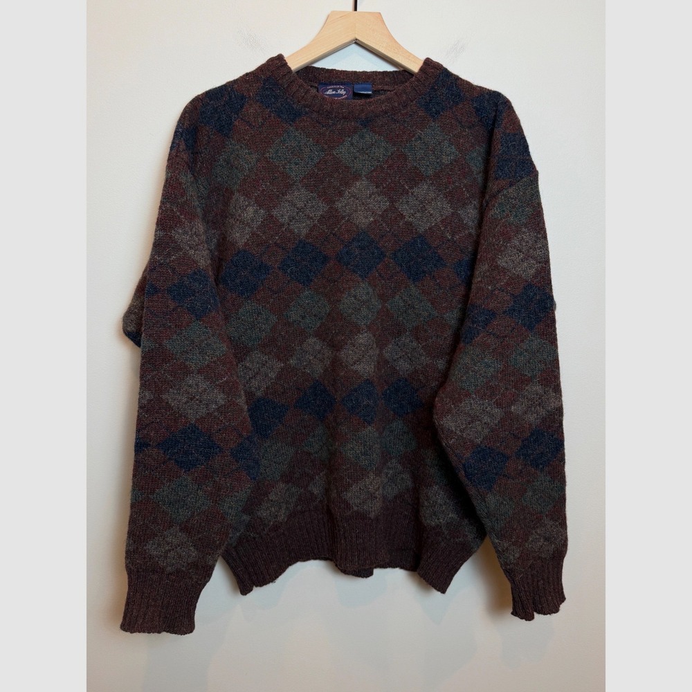 VTG Allen Solly Shetland Wool Mohair Argyle Mens M Crewneck Sweater Burgundy